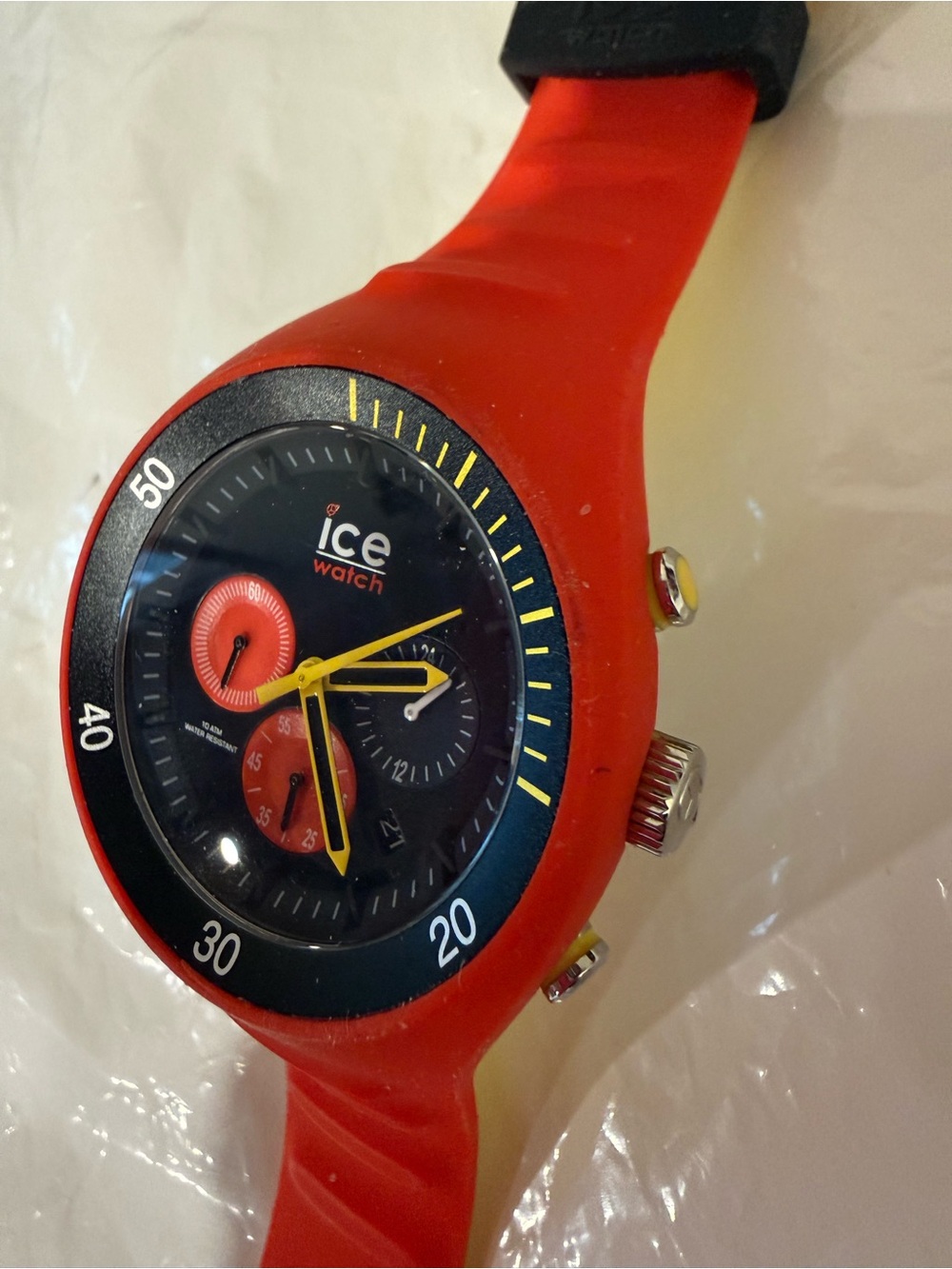 Ice Red Silicone Chronograph Watch with Black Dial and Yellow Accents